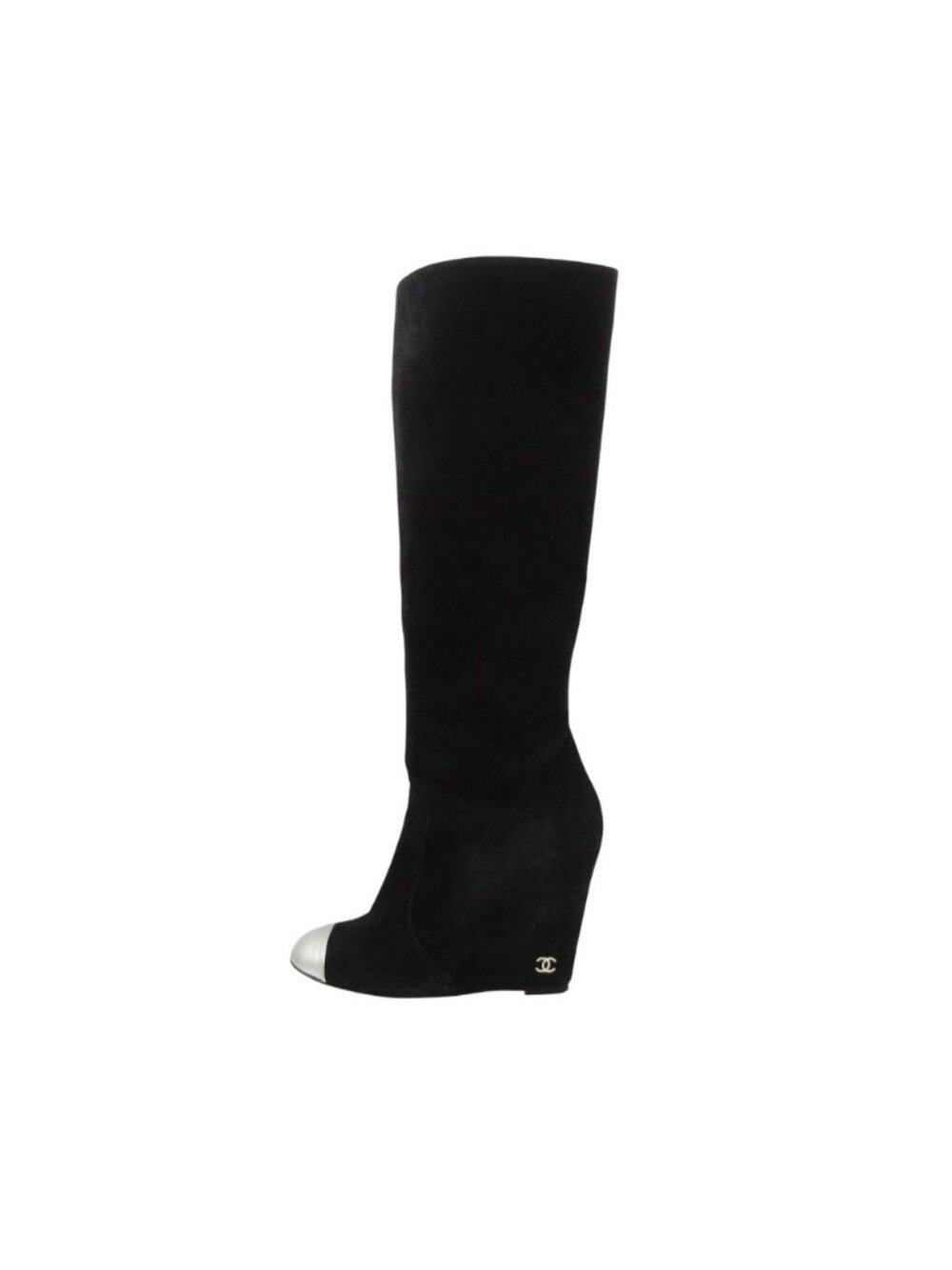 Chanel Long Boots Knee High Wedge Sole Suede CC Logo Cap Toe Shoes Black